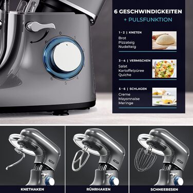 Кухонна машина 2000W з нержавіючої сталі, чаша 6.2 л, міксер з набором насадок (крюк, гак, вінчик, сплеск), колір антрацит