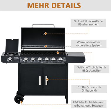 Газовий гриль Outsunny BBQ на коліщатках з 6 пальниками, 1 бічним пальником, шафкою, багатофункціональний, металевий, чорний, 135 x 50 x 100 см | Aosom