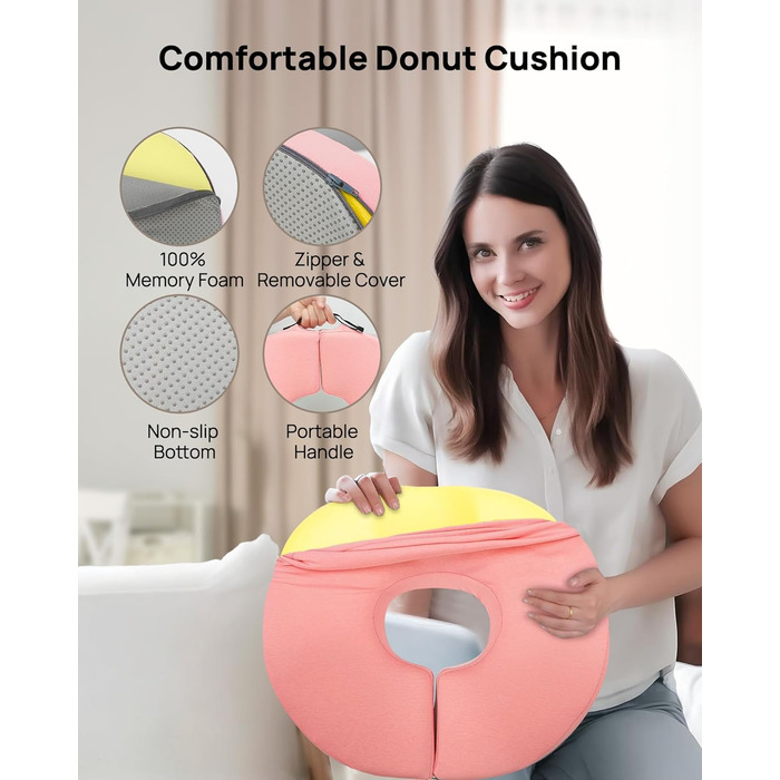 Ортопедична подушка-кільце Feagar для сидіння, ергономічна подушка-пончик від геморою, ішіасу та для післяпологового відновлення, регульована (Рожева, стандарт 60-100 кг)