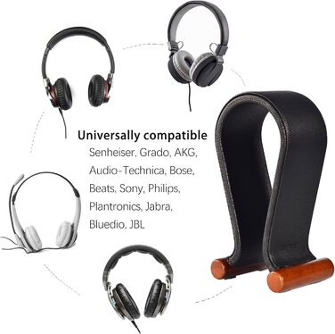 Підставка для навушників SAMDI з дерева та шкіри, універсальна, для геймінгу, дому, офісу (чорний)