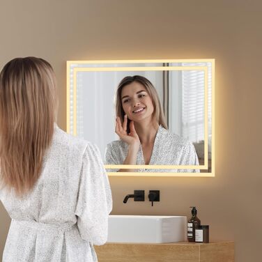 Дзеркало для ванної кімнати EMKE з підсвічуванням 120x60 см, тепле біле світло 3000K, вимикач, матовий бортик 2.70 x 50 см