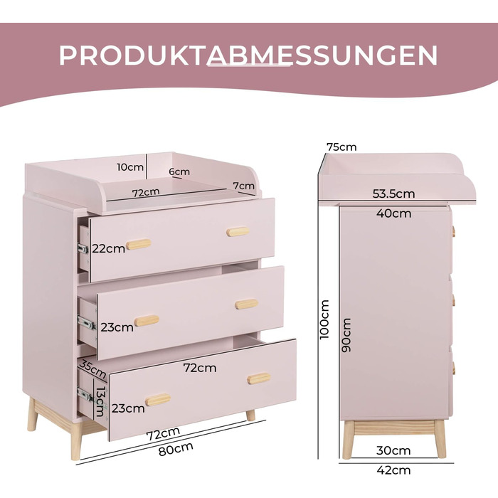 Комод з пеленальним столиком Rebecca Mobili, Aqua Grün Braun, 100 x 80 x 42 см, Kiefern MDF, артикул RE6985