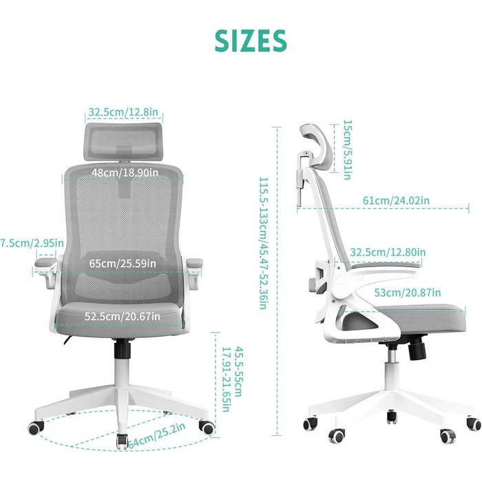 Ергономічне крісло для офісу та геймінгу, широке сидіння, регульовані підлокітники, біло-сіре, 90° підйом підлокітників