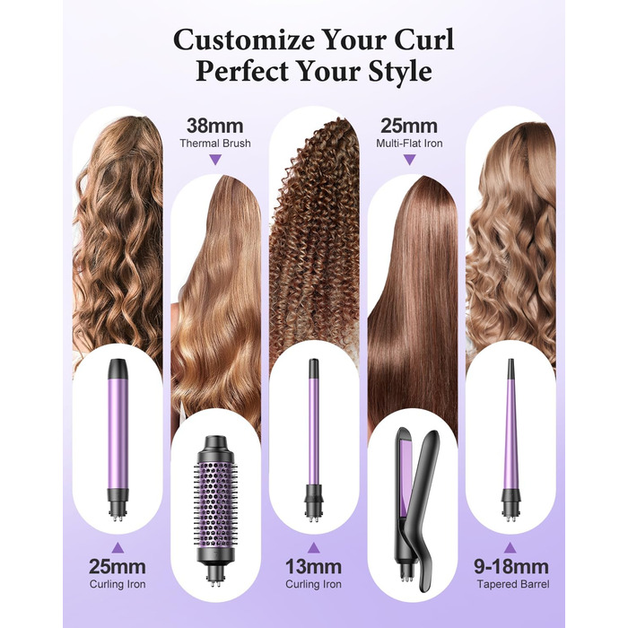 BESTOPE PRO Локкенстаб: Набір для створення локонів 5 в 1 з плойкою, термощіткою, 3 локонами (9mm-25mm) для великих локонів, 13 температур, керлером з термозахистом. Матова поверхня, рукавичка, затискач. Колір: Північне сяйво (Lila)
