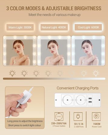 Дзеркальний туалетний столик Hzuaneri з LED-підсвіткою (10 LED), пуфом, великим дзеркалом, тримачем для фену та шухлядами, білий DT39003X