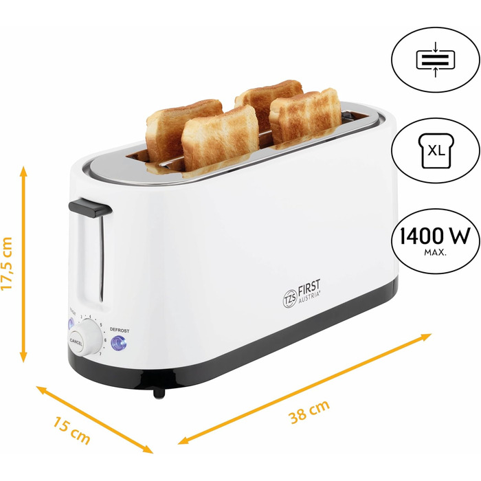 Тостер TZS First Austria з подвійним коротким слотом, 2 скибочки, чорний, 750 Вт, 7 рівнів, функція збереження тепла та розморожування, з піддоном для крихт (1400 Вт - білий - 4 скибочки)