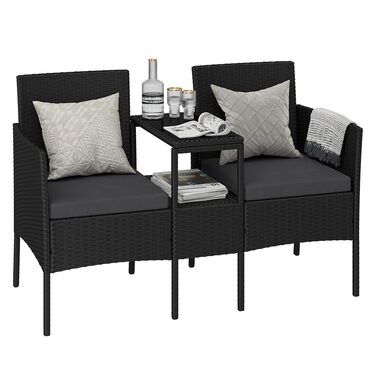 Садова лавка STEELSØN Velara з вбудованим столиком, ротангова 2-місна, чорна з подушками - вуличні меблі, стійкі до погодних умов, для тераси та балкона (до 320 кг), з скляною полицею, сталевий каркас