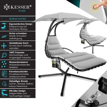 Кесер® Плаваюча лежанка з парасолькою, гамак-лежанка, сонячна лежанка H200, L194, B100 см, лежанка для відпочинку, гамак-шезлонг, до 120 кг, з подушкою для шиї, сумка в комплекті (Сірий)