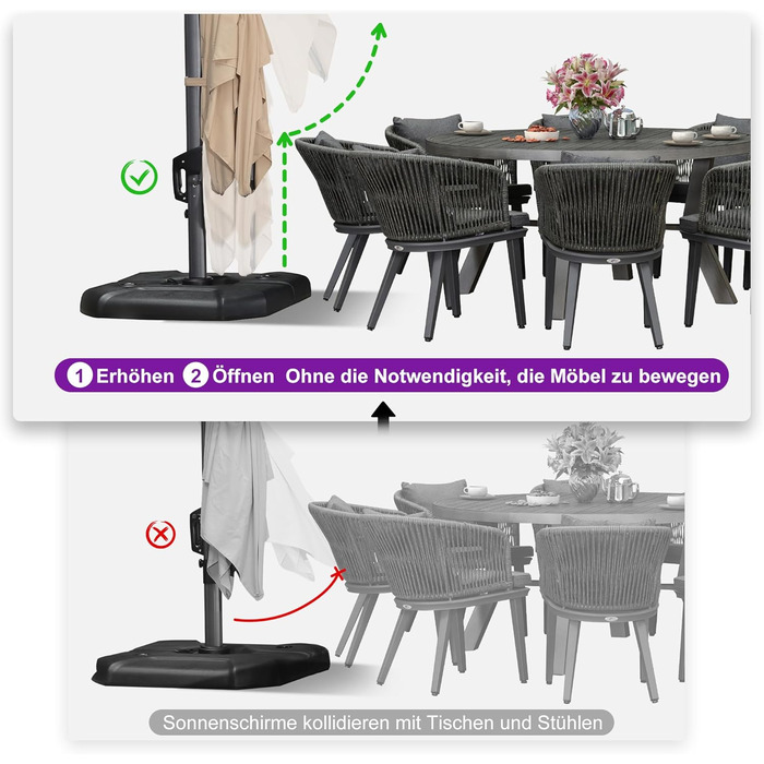 Парасолька від сонця PURPLE LEAF 350x350 см, велика садова парасолька-амбрела з рукою-користувачем, поворотом на 360° та хрестовиною, бежева, для тераси та балкона