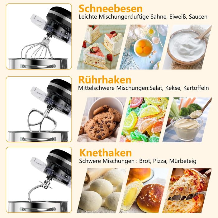 Кухонна машина AUMATE 1400W, 8 л, з міксером, гаком для тіста та вінчиком, 6 швидкостей, чорний колір