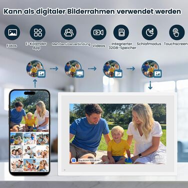 Цифрова фоторамка Frameo 10.1 дюймів WLAN, Full HD IPS сенсорний екран 1280x800, 32ГБ пам'ять, автоматичний поворот, можливість монтажу на стіну, керування через додаток Frameo (Білий)