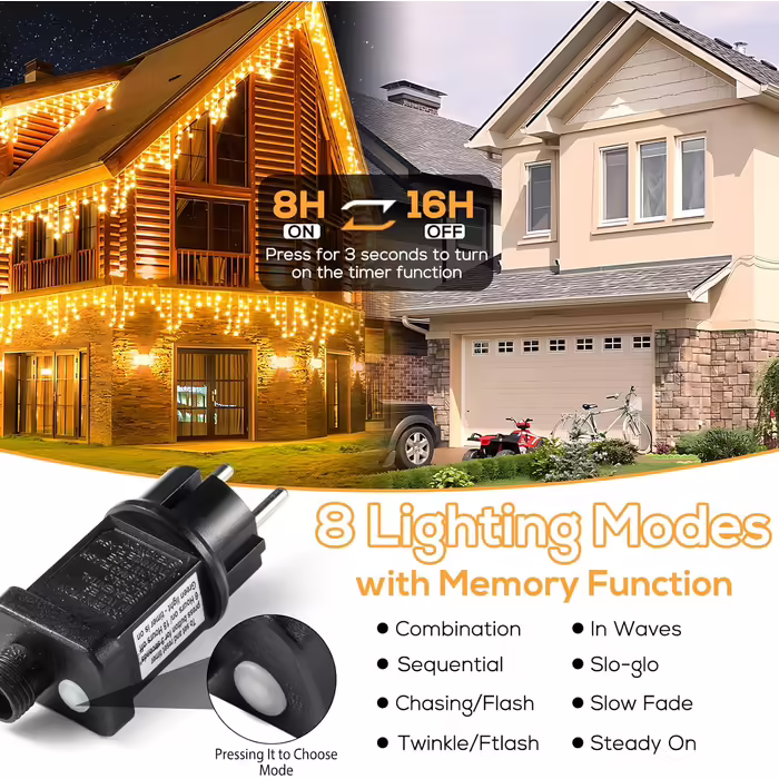 Гірлянда Elegear 20 м 800 LED, тепле біле світло, вулична, льодові бурульки, захист IP44, з таймером, 8 режимів, для вікон, даху, балкона, саду, новорічна ілюмінація