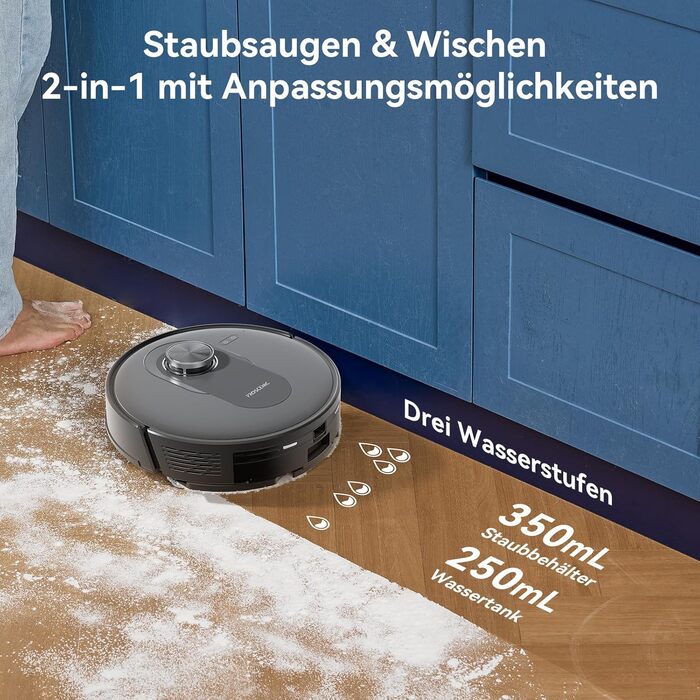 Робот-пилосос Proscenic Q10 з функцією миття, 8000Pa, 200 хвилин роботи, лазерна навігація, керування через додаток, Alexa, Siri, Apple Watch, для підлоги та килима (сірий)