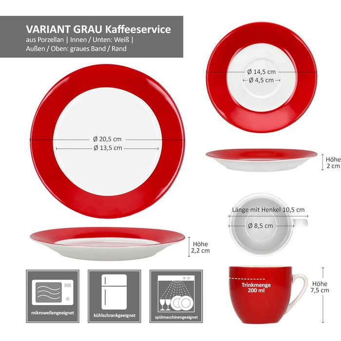 MamboCat Кавовий сервіс на 18 персон: 6 чашок (200 мл), 6 блюдець, 6 тарілок | Кольоровий фарфоровий посуд для кави та сніданку