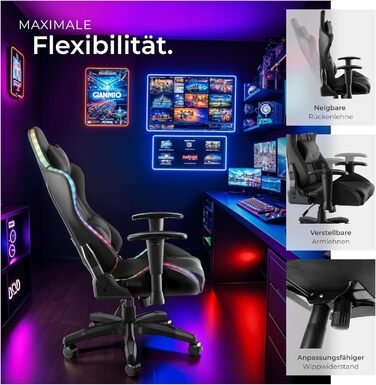 Ігровий крісло Tectake з масажем та LED-підсвіткою, чорний колір. Ергономічний офісний стіл для ігор, крісло для робочого кабінету.