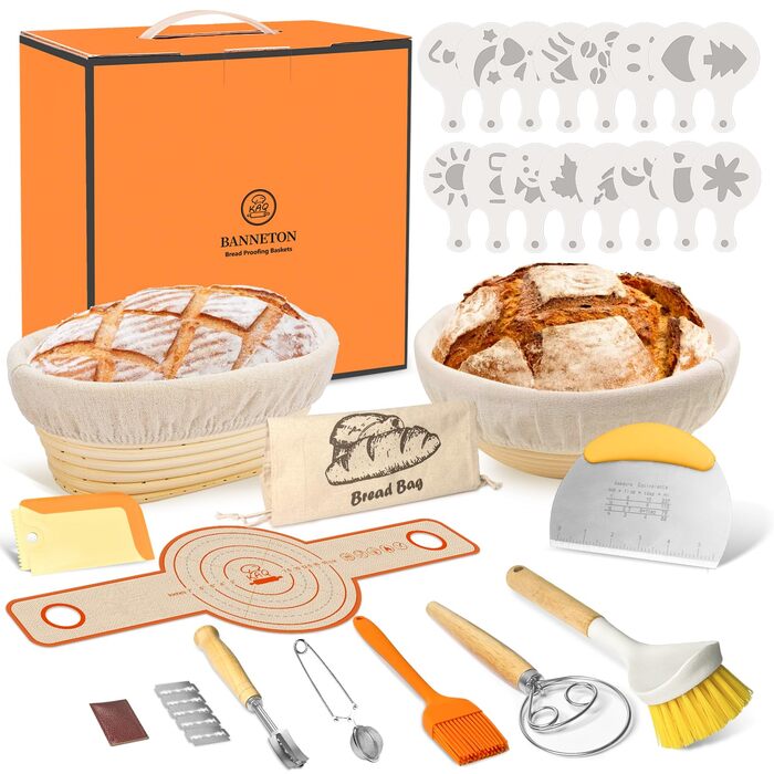 Набір для закваски та випікання хліба: корзини для бродіння (круглі 23 см, овальні 25 см) та аксесуари для випікання