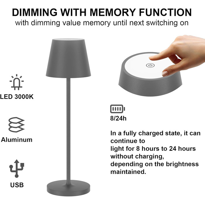 Набір з 2 світлодіодних акумуляторних настільних ламп з регулюванням яскравості, бездротовий, USB, 3000K, IP54, темно-сірий