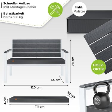 Лавочка для саду KESSER® з подушками – вулична лавочка, 2 місця, для тераси, балкону, саду, парку, міцна, до 300 кг, стійка до УФ, знімний чохол подушки (антрацит/білий)