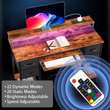 Ігровий стіл BEXEVUE з розетками та LED-підсвіткою 120x50 см - сучасний комп'ютерний стіл з підставкою для клавіатури, 4 висувні ящики, велика полиця для навчання, ігор та роботи. Колір: коричневий