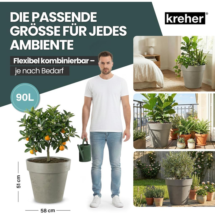 Крехер XXL круглий горщик для рослин / горщик для квітів, діаметр 58 см, на колесах. Ідеально підходить для саду, тераси, ресторанів та комерційних приміщень!