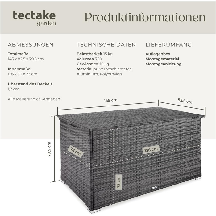 Скриня для зберігання садових речей Tectake з поліротангу, 750 л, чорна - водонепроникна, з газовими амортизаторами, 145x82.5x79.5 см