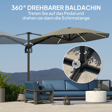 Outsunny Alu Centilever Parasol LED Solar Ø300 см регульована по висоті парасолька з кривошипною підставкою UV50+ Водовідштовхувальний ринок Обертовий ринок на 360° Нахилена садова парасолька Сонцезахисний захист для саду Балкон Темно-сірий