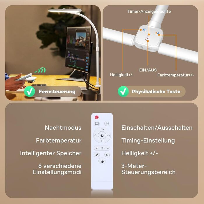 LED настільна лампа Doppelkopf з регулюванням яскравості, 24W, 80см, з клемою, денне світло, гнушкий шийка, для офісу, захист очей, з тримачем для телефону, чорна