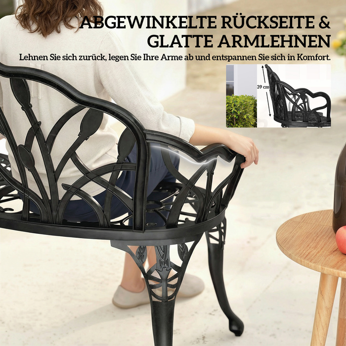 Садова лавка Gartenbank на 2 особи з литого алюмінію, стійка до погодних умов, з декоративною спинкою у вигляді тюльпанів та квітковим орнаментом, розміром 99 x 57 x 78 см