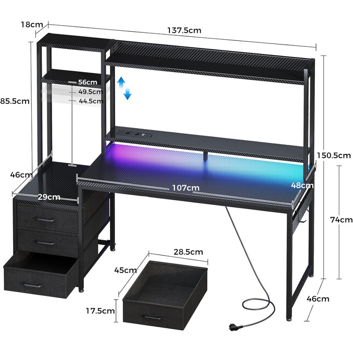 Ігровий стіл Coleshome з полицею та шухлядами, 137×48 см. Стіл для ігор з LED-підсвічуванням, розеткою, полицями та підставкою для монітора. Вуглецеве волокно, чорний колір