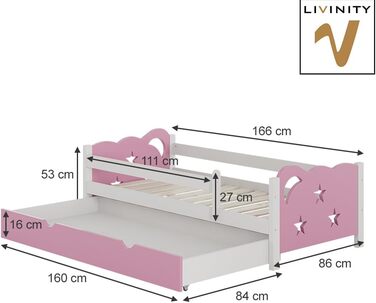 Дитяче ліжко Oskar-Store Livinity Односпальне ліжко Дитяче ліжко Jessica Modern Дитяча кімната Шухляда ліжка Захист від випадання (Біло-рожевий, 160 х 80 см без матраца) 160 х 80 см без матраца Біло-рожевий