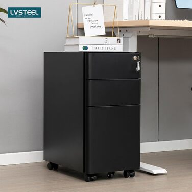 Металевий роликовий контейнер LVSTEEL з 3 висувними шухлядами, офісний, для дому, з замком, білий (чорний), 59.3 x 30 см