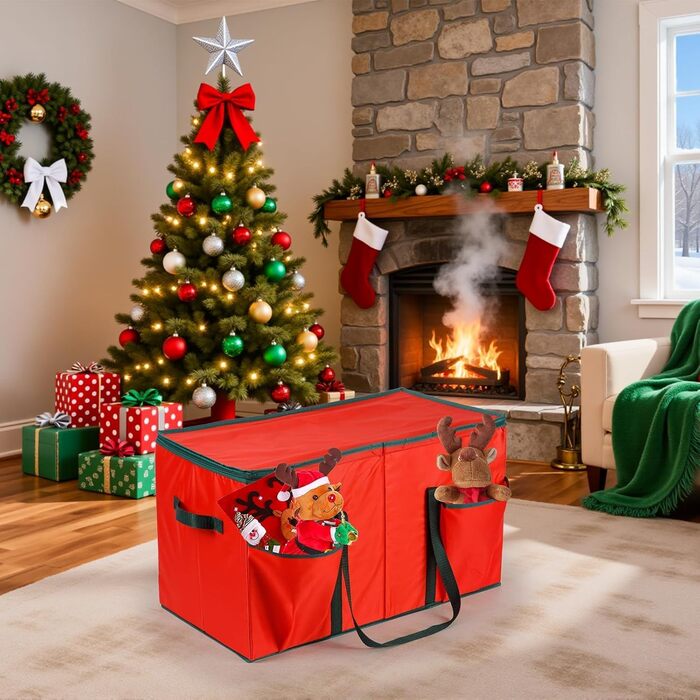 Коробка для прикрас на ялинку з 128 відділеннями, XL, з кришкою та кишенями, білий сітчастий матеріал