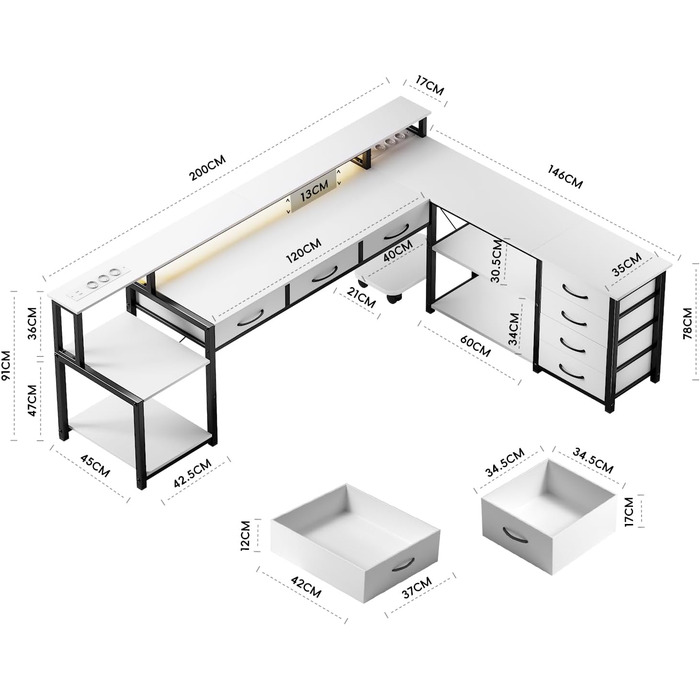 Кутовий стіл з ящиками, геймінговий стіл з розеткою, LED та підставка для монітора, 200 x 146 см, 7 тканинних ящиків, комп'ютерний стіл для офісу, робочого кабінету, спальні (Білий)