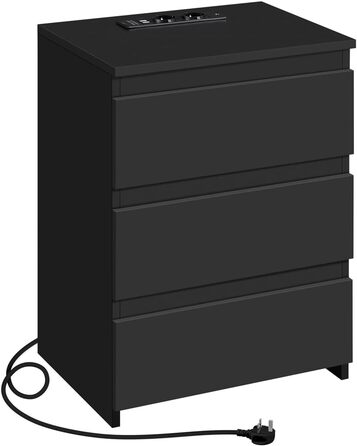 Нічний столик Yaheetech з 3 висувними ящиками, 2 розетками AC та 2 USB-портами, чорний колір. Підходить для спальні/вітальні.