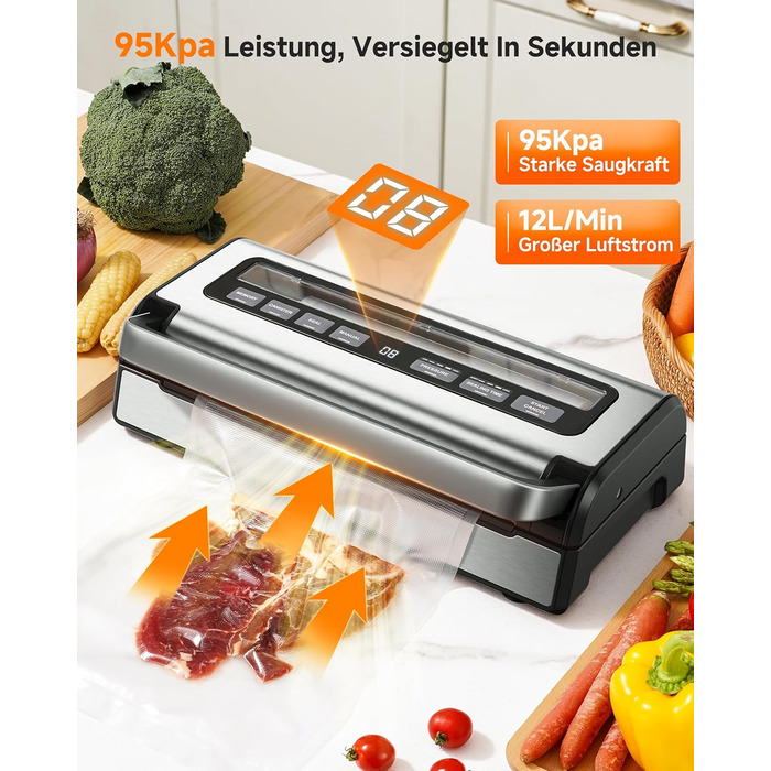 Вакууматор для продуктів 9-в-1 з потужністю 95 кПа, регулюванням часу та тиску, функцією пам'яті, подвійним запаянням, вбудованим різаком та відсіком для пакетів, корпус із нержавіючої сталі, у комплекті 2 ролини та шланг