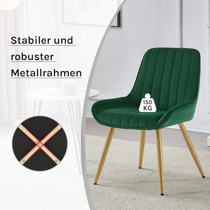 Набір з 2 стільців Lestarain для їдальні, вітальні, кухні. Ретро стільці з м'яким сидінням з оксамиту та металевими ніжками, до 150 кг, темно-зелений оксамит