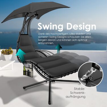 Кесер® Плетене крісло-гойдалка з сонцезахисним козирком, 194x100 см, до 120 кг, з подушкою для шиї та сумкою, антрацит