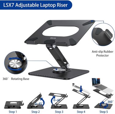 Підставка для ноутбука BESIGN LSX7 з поворотним підставою 360°, регульована ергономічна підставка, сумісна з ноутбуками 10-15.6' (чорна)