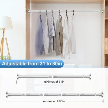 Штанга для душу, телескопічна, регульована, 78,9-203,2 см, діаметр 2,5 см, нержавіюча сталь, хромована, легка установка, без іржі