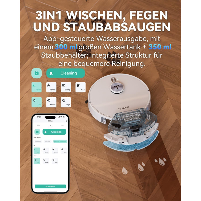 Робот-пилосос Tesvor S8 Pro з функцією миття - 8000Pa, 3-в-1, LiDAR-навігація, 240 хв роботи, керування через додаток/Alexa, для шерсті тварин, килимів та твердих підлог