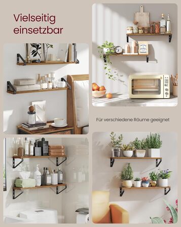 Настінна полиця VASAGLE, 6 штук в наборі, полиці-дошки, 2 способи монтажу, 30/35/40 см, для вітальні, кухні, кабінету, ванної кімнати, вінтажний коричневий + матовий чорний, LWS033K02