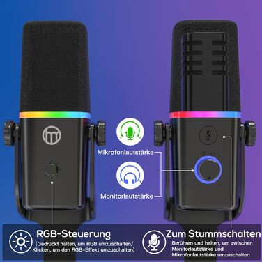 Динамічний XLR/USB мікрофон для геймінгу, подкастів, ПК, телефону, стрімінгу з RGB-підсвіткою, кнопкою вимкнення звуку, підсиленням, підставкою, для співу та YouTube