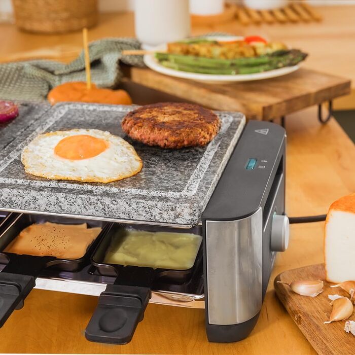 Електричний гриль-ракушетка Cecotec Raclette Cheese&Grill 16000 Inox на 8 осіб, 1400 Вт, з регулюванням температури, 2 грильні пластини (алюміній 20x22 см та натуральний камінь 20x22 см), 8 сковорідок та 8 лопаток