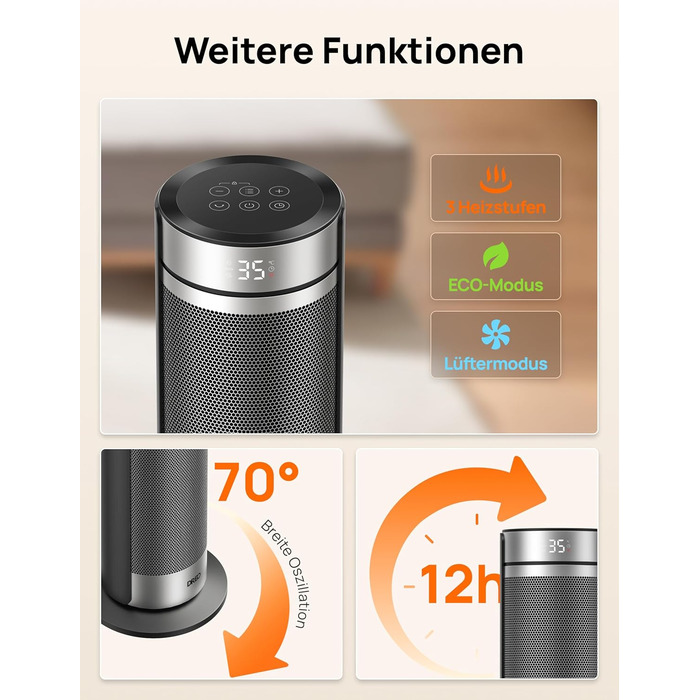 Електричний обігрівач Dreo 23 дюйми, 2000 Вт, тихий, з пультом, таймером, осциляцією, 5 режимів, PTC-кераміка, термостат, для великих приміщень, офісу, срібний