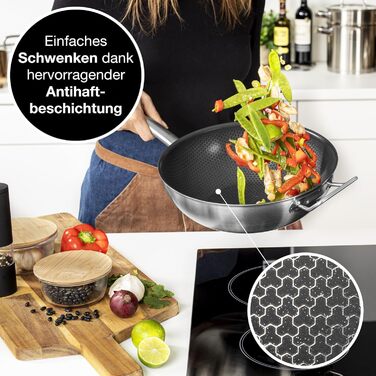 Вафельниця Moritz & Moritz з нержавіючої сталі 30 см з керамічним покриттям нового покоління - підходить для всіх типів плит - антипригарний вок з комірчастою структурою для смаження, тушкування та варіння без кришки