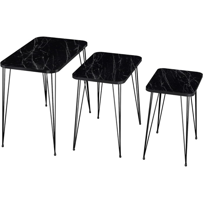 Набір приставних столів Набір гніздових столів Rudkøbing з 3 столів для вітальні з чорним мармуром з квадратною верхньою шпилькою Металевий золотий диванний стіл (мармур, чорний)