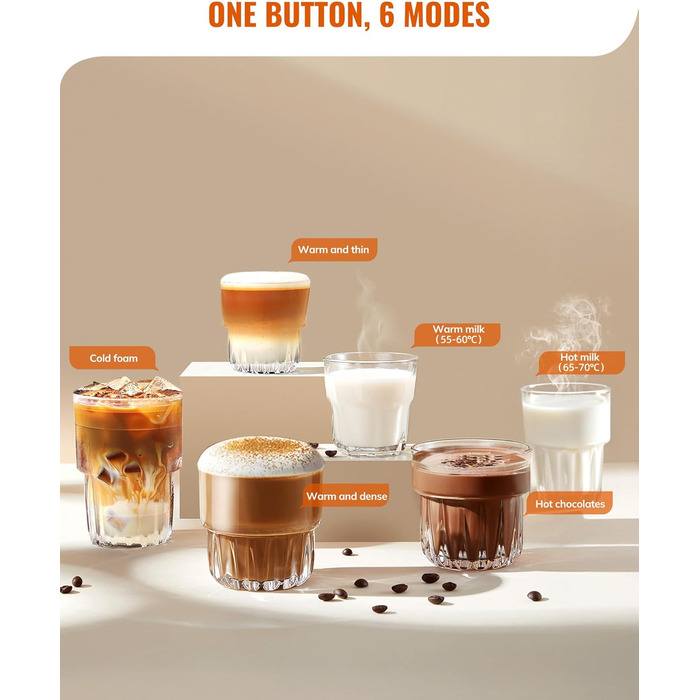 Електричний спінювач молока Morpilot 6-в-1, чорний, 130-500 мл, 600 Вт, для капучино, лате, гарячого шоколаду, миється у посудомийній машині