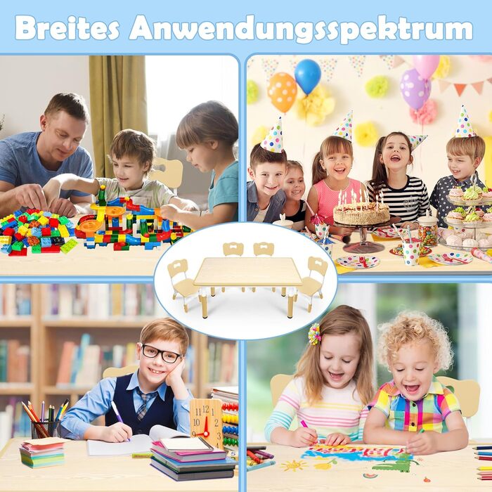 Дитячий стіл з 4 стільцями AufuN, регульована висота, набір для дитячої кімнати, садка, класів, легко миється, пластикові меблі, коричневий