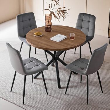 Обідній комплект на 5 осіб: круглий стіл 100 см та 4 стільці (голландський флізелін). Підходить для кухні, вітальні, балкону, ресторану, офісу. Темне дерево + сірий велюр