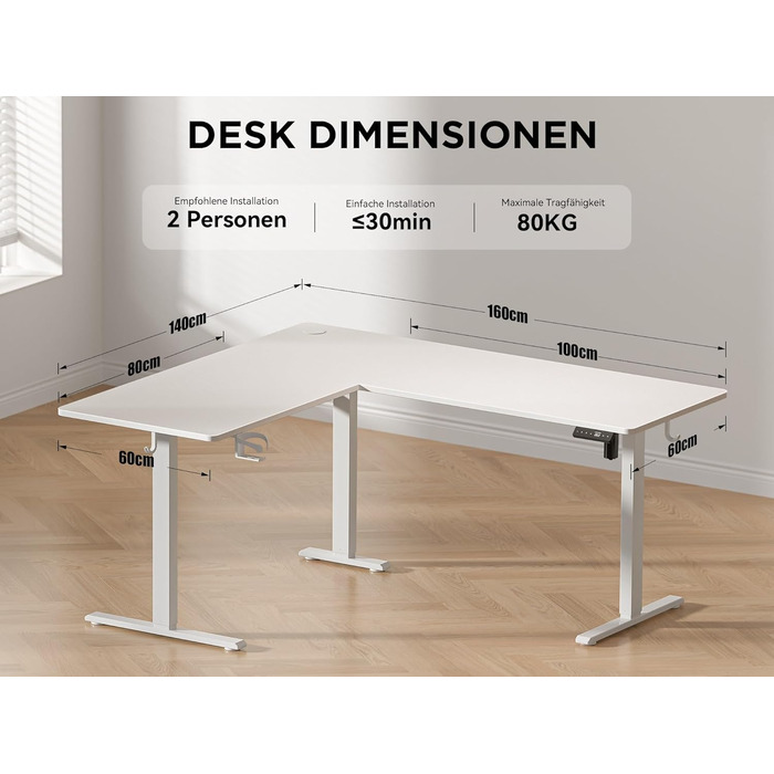 Електричний кутовий стіл WALKINGDESK 160 x 140 см для офісу, геймінгу та дому. Регулювання висоти, білий колір, з органайзером для кабелів